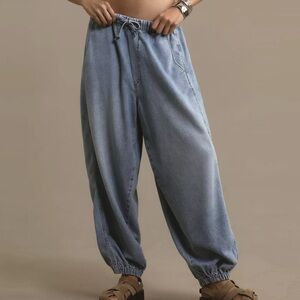Anthropologie Light Blue Wide-Leg Drawstring Denim Joggers
